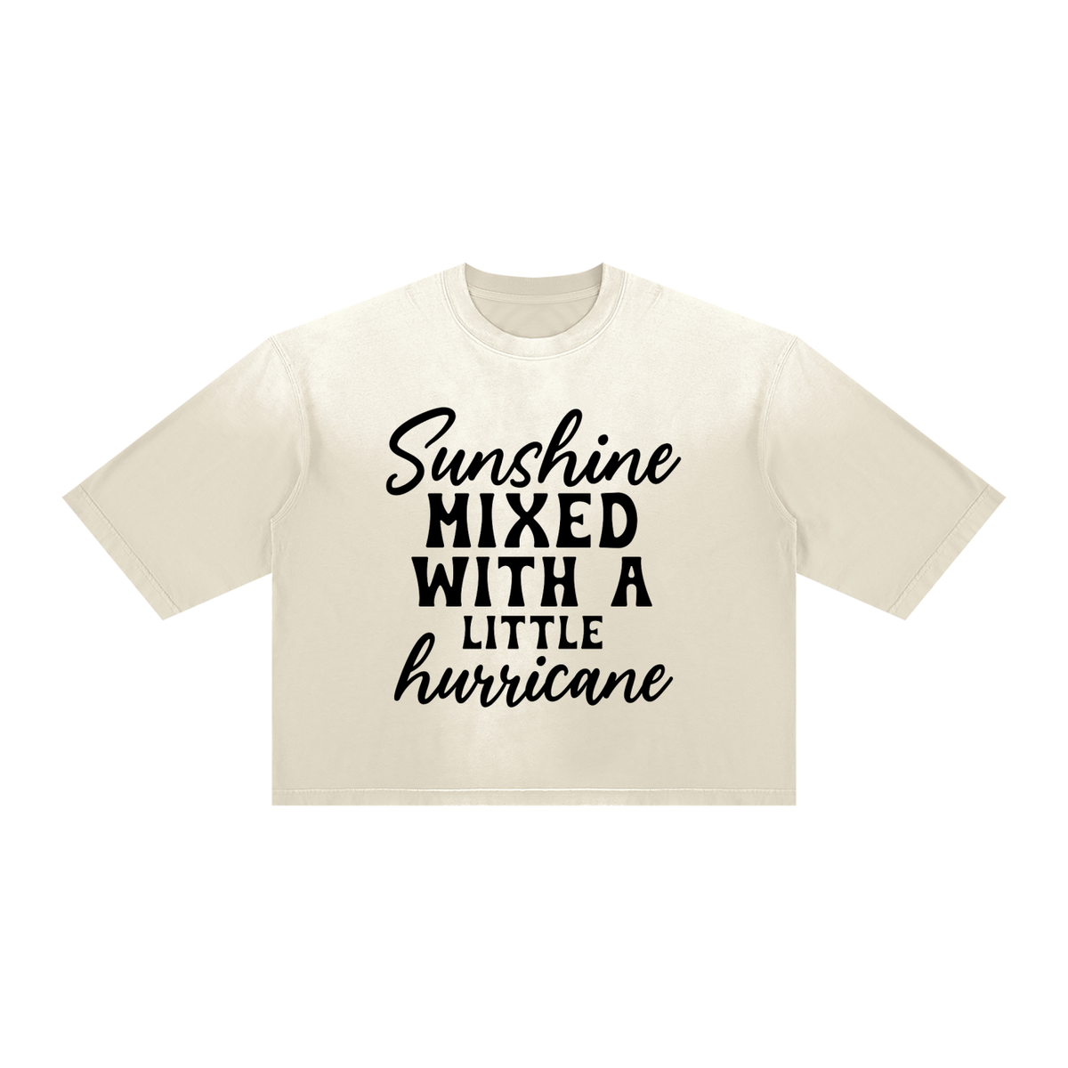Apricot sunfade boxy t-shirt with black cursive and bold capital Sunshine mixed with a little hurricane quote on the chest