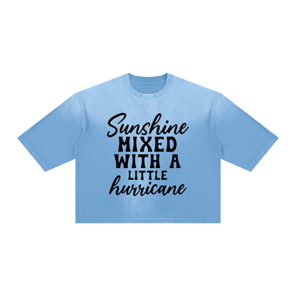 Sky blue sunfade boxy t-shirt with black Sunshine mixed with a little hurricane quote and ribbed crew collar