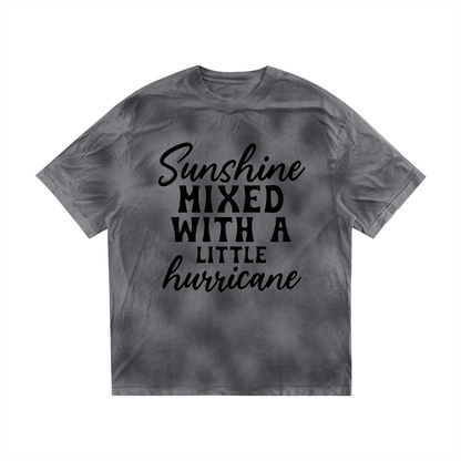 Dark Gray dirty wash loose t-shirt with black cursive and bold capital Sunshine mixed with a little hurricane lettering on the front