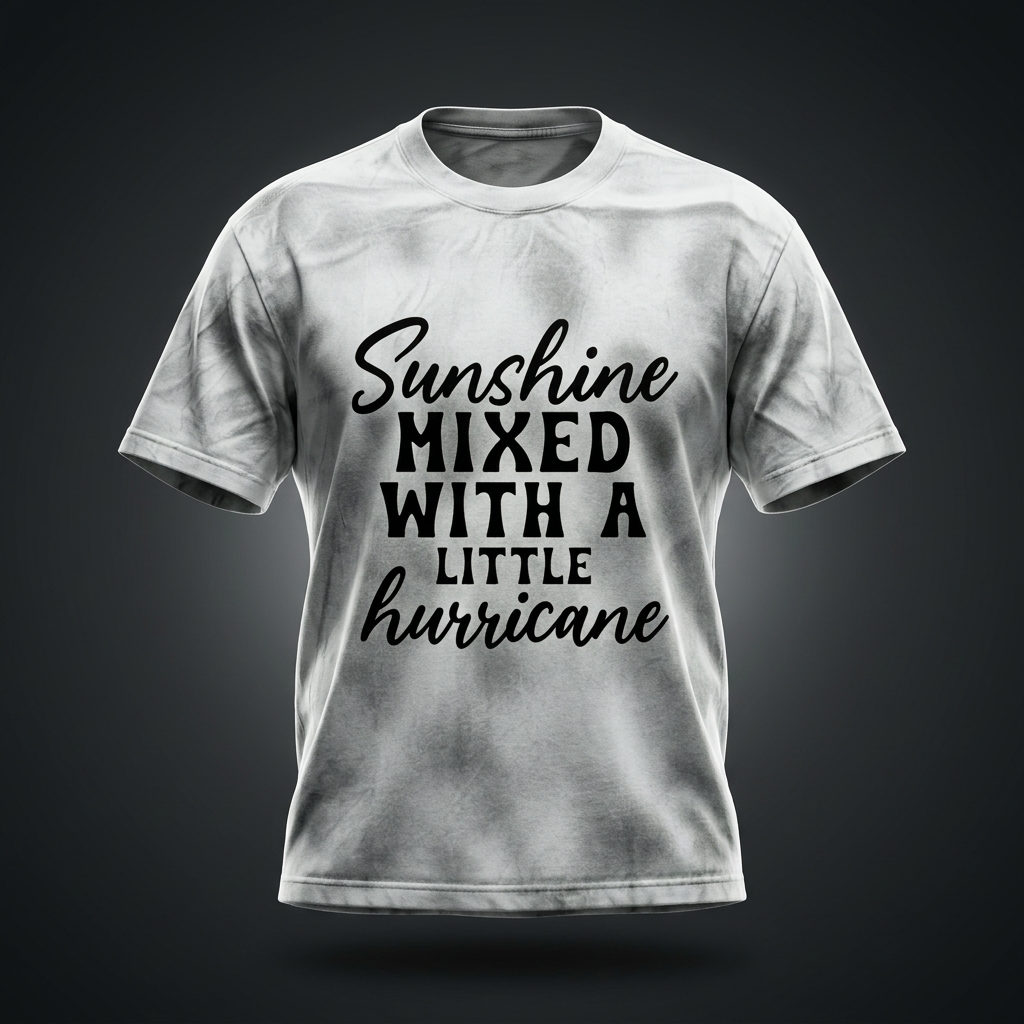 White gray dirty wash loose t-shirt with black cursive and bold capital Sunshine mixed with a little hurricane lettering on the front shown against a dark studio backdrop