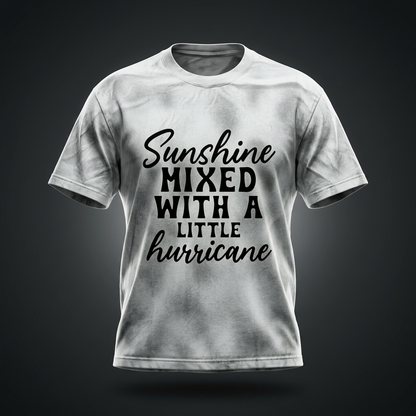 White gray dirty wash loose t-shirt with black cursive and bold capital Sunshine mixed with a little hurricane lettering on the front shown against a dark studio backdrop