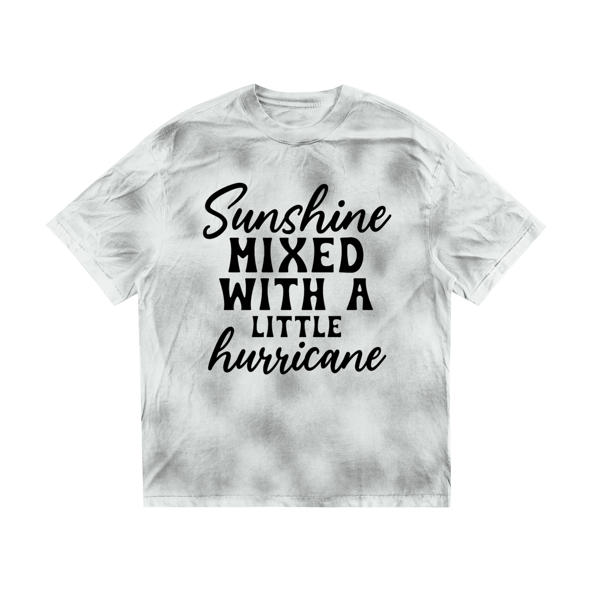 White Gray dirty wash loose t-shirt with black cursive and bold capital Sunshine mixed with a little hurricane lettering on the front