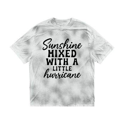 White Gray dirty wash loose t-shirt with black cursive and bold capital Sunshine mixed with a little hurricane lettering on the front