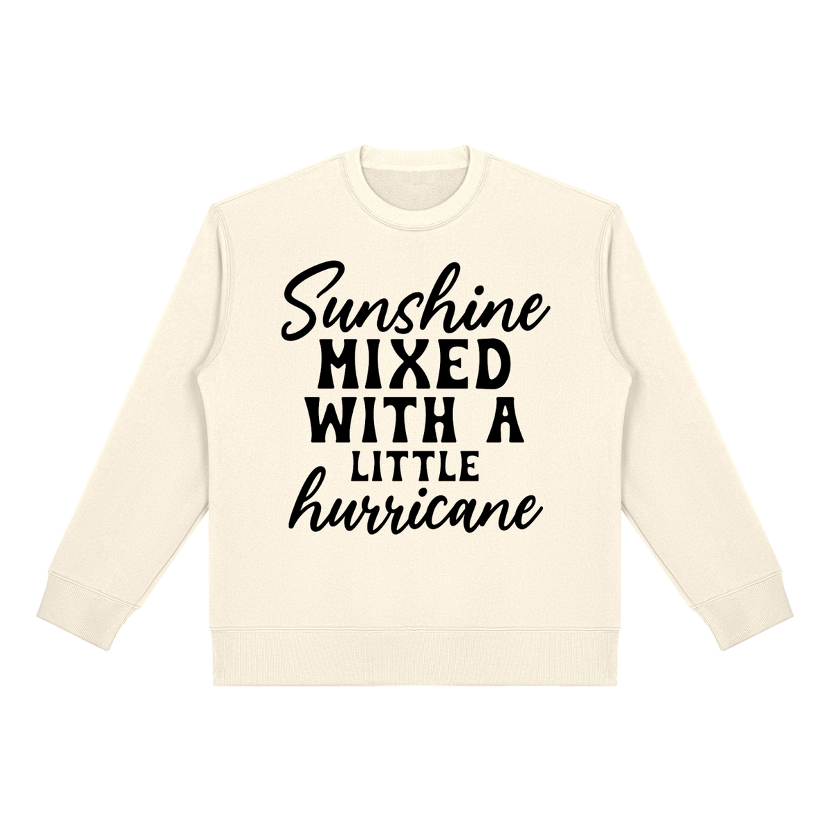 Apricot heavyweight fleece crewneck sweatshirt with black cursive and bold capital Sunshine mixed with a little hurricane lettering on the front