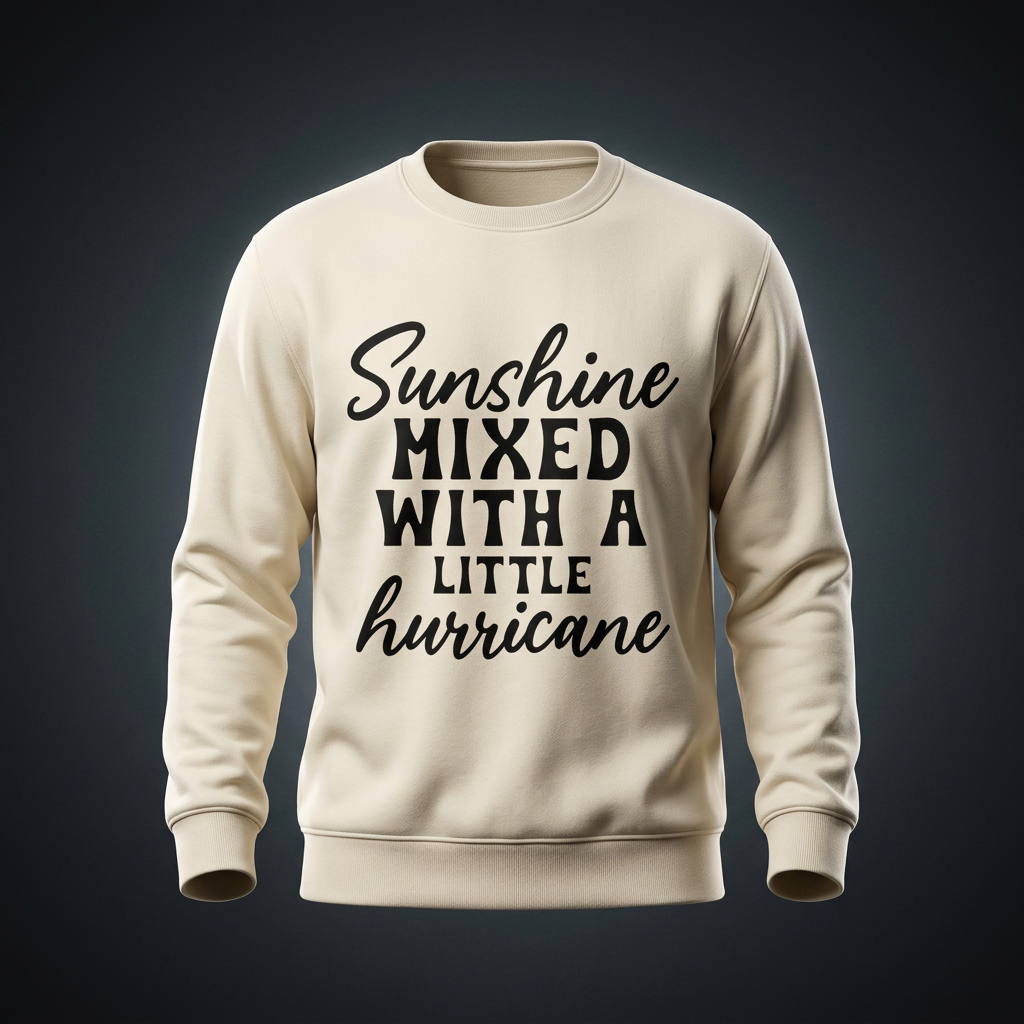 Cream heavyweight fleece crewneck sweatshirt with black cursive and bold capital Sunshine mixed with a little hurricane lettering on the front shown against a dark studio backdrop