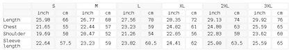 Size chart in inches and centimeters for the heavyweight fleece crewneck sweatshirt, showing length, shoulder, chest and sleeve length