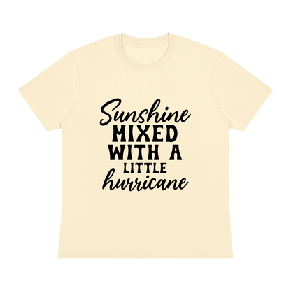 Apricot Sorona cotton blend crewneck t-shirt with black cursive and bold capital Sunshine mixed with a little hurricane lettering on the front