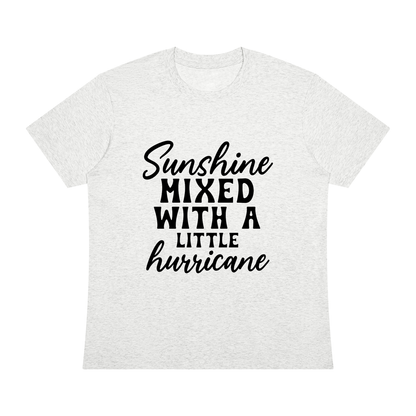 Flower Gray Sorona cotton blend crewneck t-shirt with black cursive and bold capital Sunshine mixed with a little hurricane lettering on the front