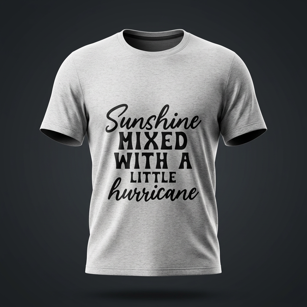 Heather gray Sorona cotton blend crewneck t-shirt with black cursive and bold capital Sunshine mixed with a little hurricane lettering on the front shown against a dark studio backdrop