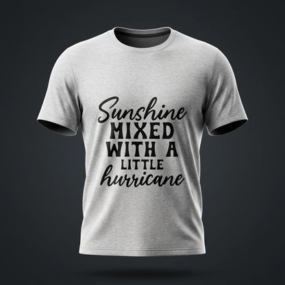 Heather gray Sorona cotton blend crewneck t-shirt with black cursive and bold capital Sunshine mixed with a little hurricane lettering on the front shown against a dark studio backdrop