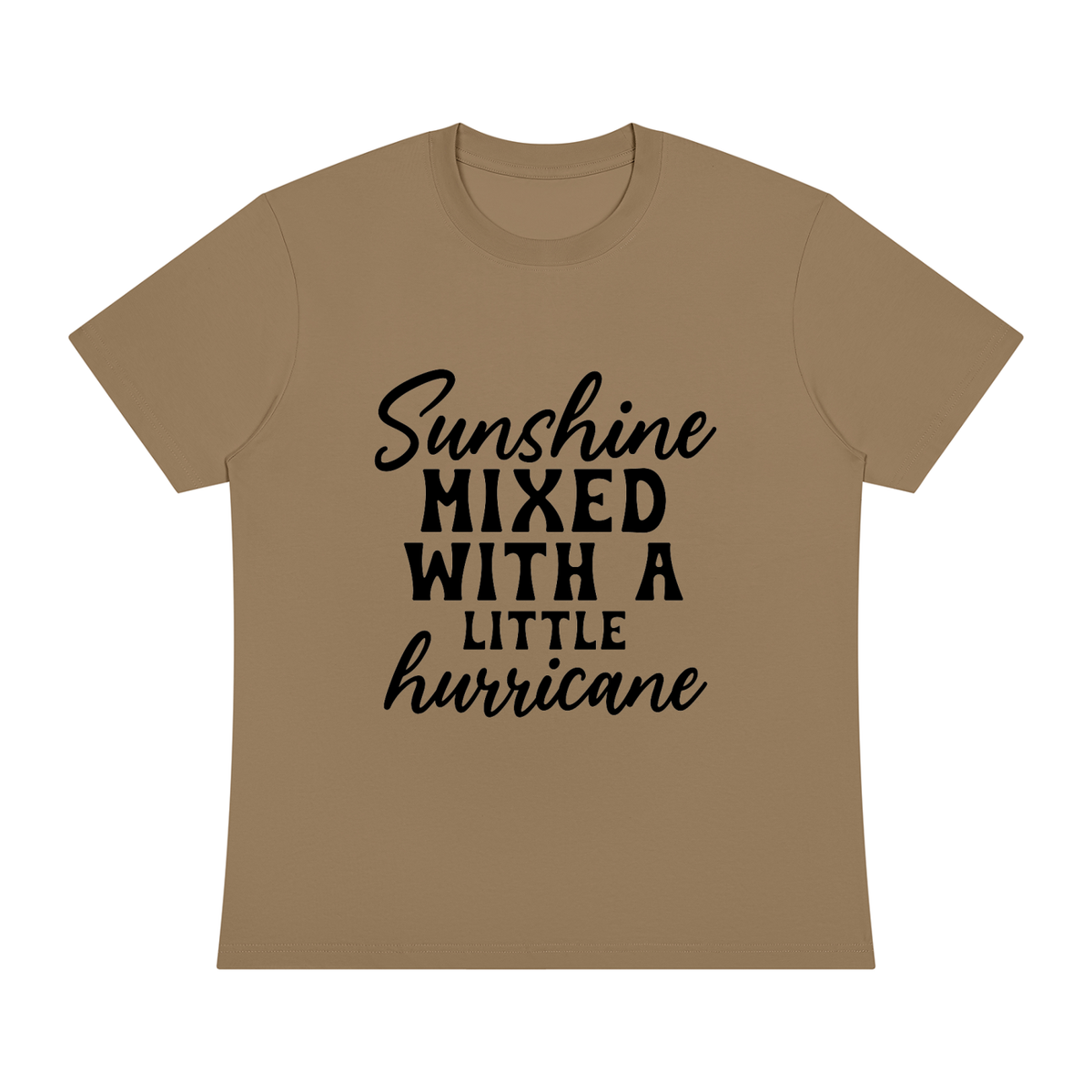 Khaki Sorona cotton blend crewneck t-shirt with black cursive and bold capital Sunshine mixed with a little hurricane lettering on the front