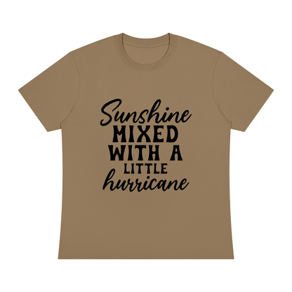 Khaki Sorona cotton blend crewneck t-shirt with black cursive and bold capital Sunshine mixed with a little hurricane lettering on the front