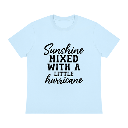 Light Blue Sorona cotton blend crewneck t-shirt with black cursive and bold capital Sunshine mixed with a little hurricane lettering on the front