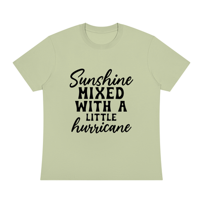 Light Green Sorona cotton blend crewneck t-shirt with black cursive and bold capital Sunshine mixed with a little hurricane lettering on the front