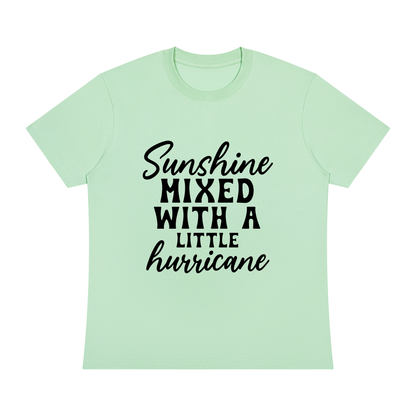 Mint Green Sorona cotton blend crewneck t-shirt with black cursive and bold capital Sunshine mixed with a little hurricane lettering on the front
