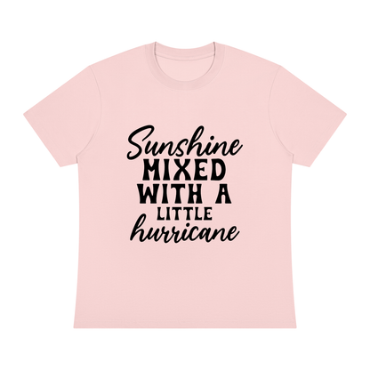 Pink Sorona cotton blend crewneck t-shirt with black cursive and bold capital Sunshine mixed with a little hurricane lettering on the front