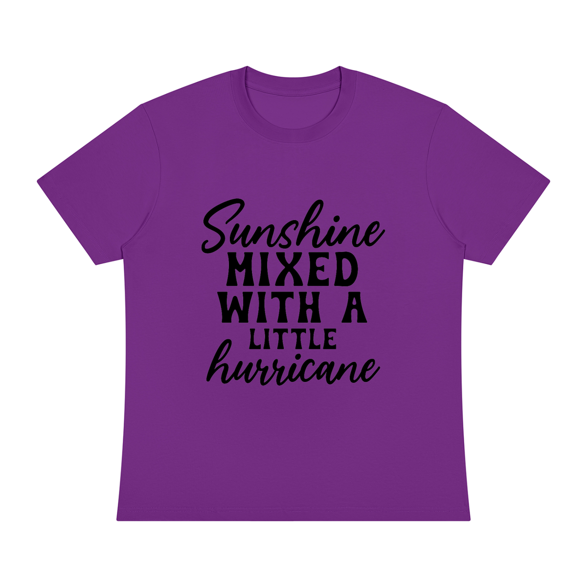 Purple Sorona cotton blend crewneck t-shirt with black cursive and bold capital Sunshine mixed with a little hurricane lettering on the front