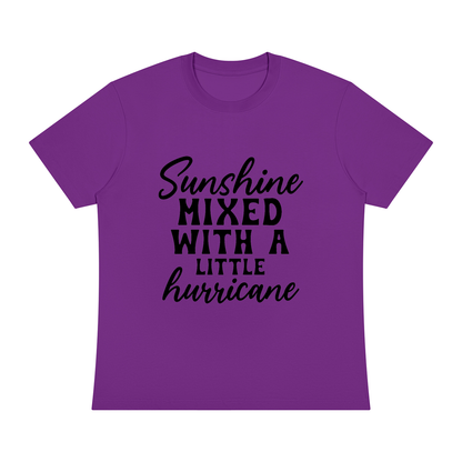 Purple Sorona cotton blend crewneck t-shirt with black cursive and bold capital Sunshine mixed with a little hurricane lettering on the front