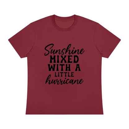 Wine Red Sorona cotton blend crewneck t-shirt with black cursive and bold capital Sunshine mixed with a little hurricane lettering on the front