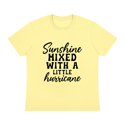 Yellow Sorona cotton blend crewneck t-shirt with black cursive and bold capital Sunshine mixed with a little hurricane lettering on the front