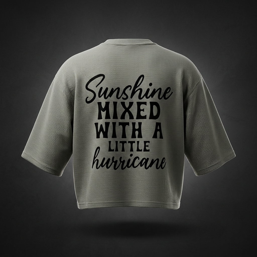 Gray waffle knit boxy t-shirt with black cursive and bold capital Sunshine mixed with a little hurricane lettering on the back shown against a dark studio backdrop
