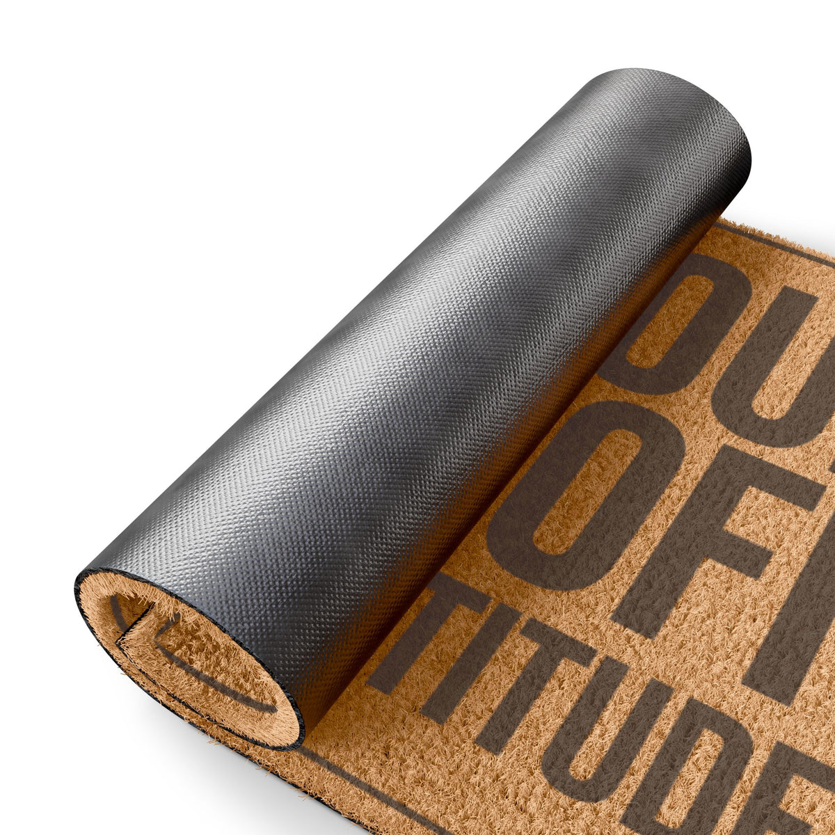 Rolled-up corner of the Take Your Shoes Off and Your Attitude coir doormat showing the black vinyl backing