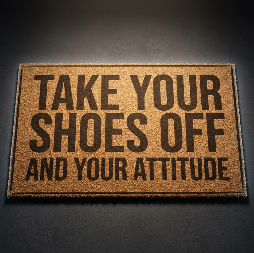 Take Your Shoes Off and Your Attitude coir doormat with dark lettering on natural tan coir, shown on a dark studio backdrop