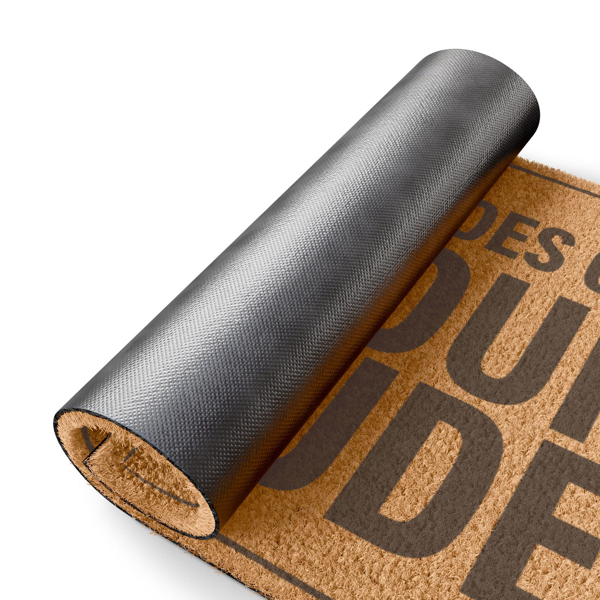 Rolled-up corner of the Take Your Shoes Off and Your Attitude Stacked Layout coir doormat showing the black vinyl backing