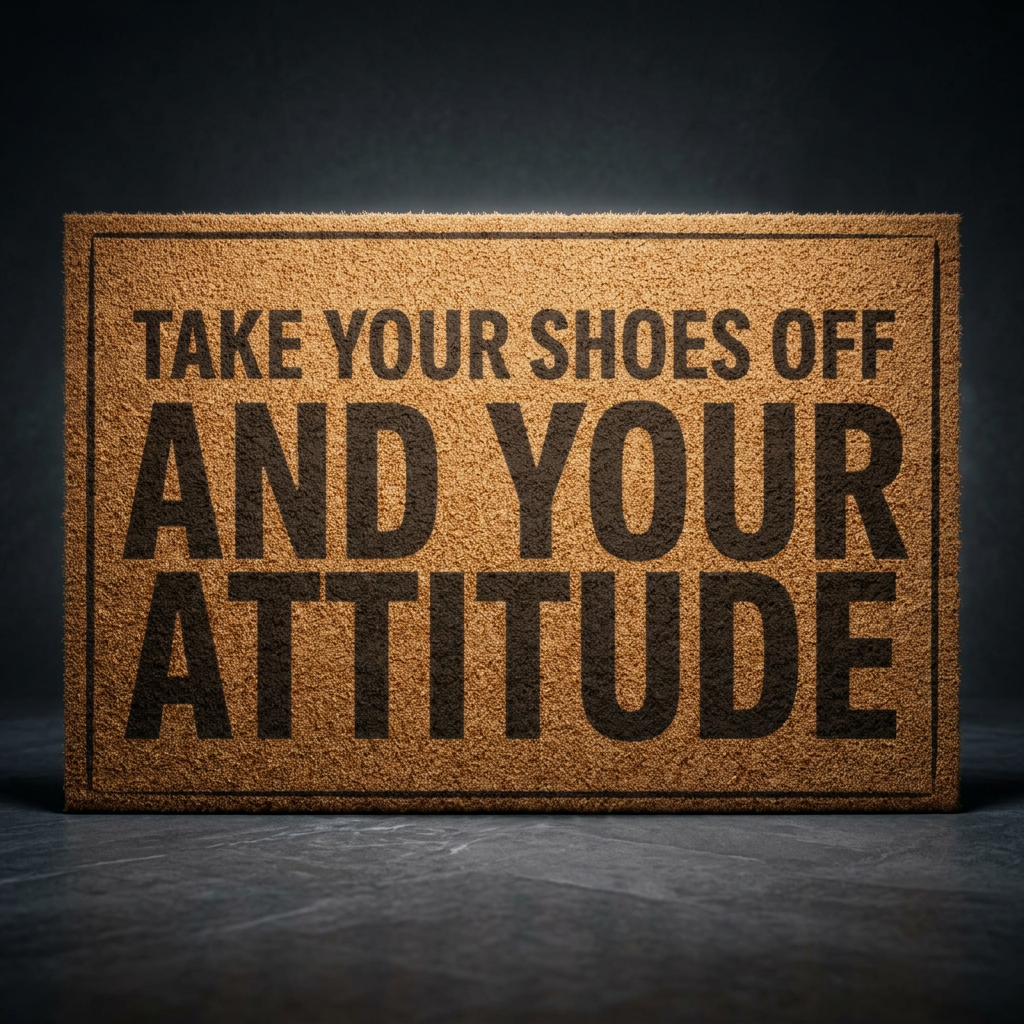 Take Your Shoes Off and Your Attitude Stacked Layout coir doormat with dark lettering on natural tan coir, shown on a dark studio backdrop