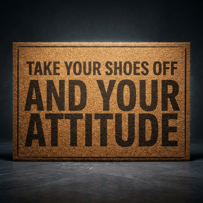 Take Your Shoes Off and Your Attitude Stacked Layout coir doormat with dark lettering on natural tan coir, shown on a dark studio backdrop