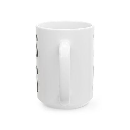 Funny tea mug printed with "TEA DRINKERS ARE SUSPICIOUS", 15 oz size, back view showing the handle