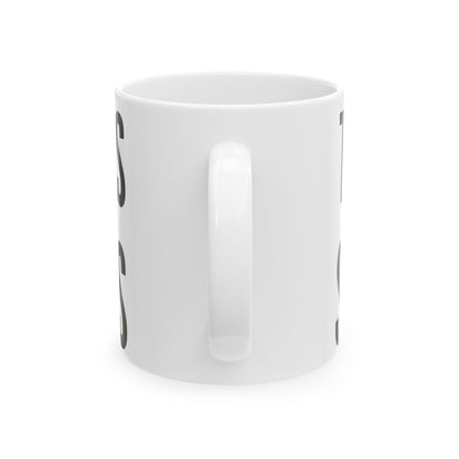 Funny tea mug printed with "TEA DRINKERS ARE SUSPICIOUS", back view showing the handle