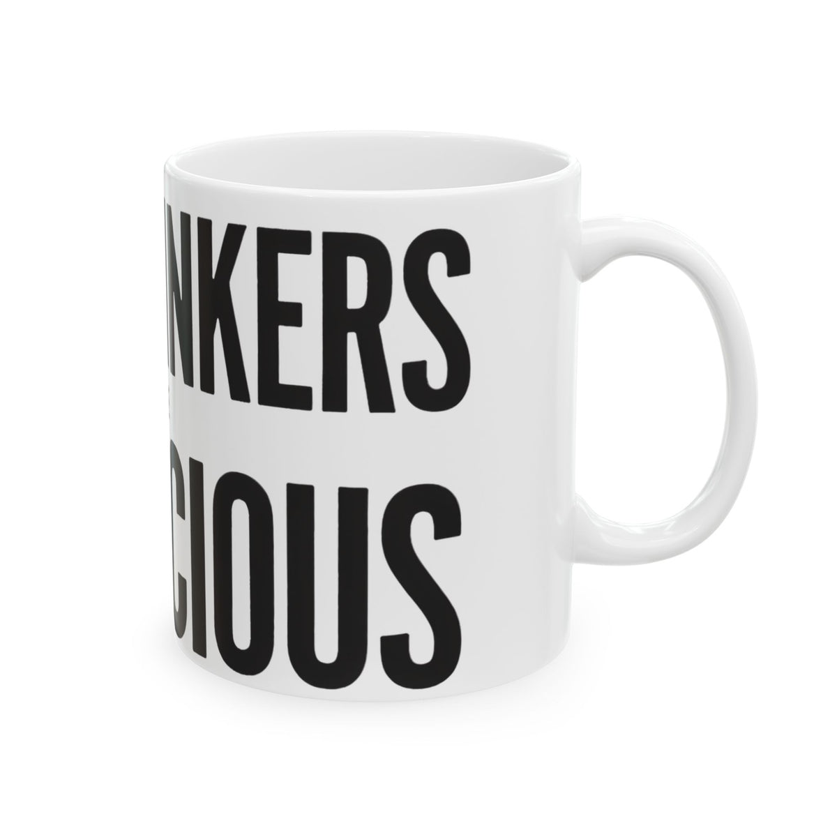 Funny tea mug printed with "TEA DRINKERS ARE SUSPICIOUS", right side view