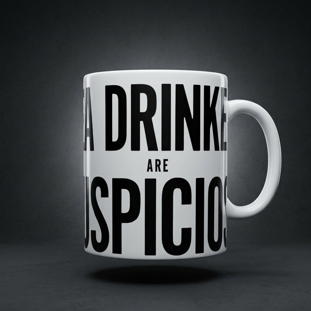 Funny tea mug printed with "TEA DRINKERS ARE SUSPICIOUS", shown on a dark studio background