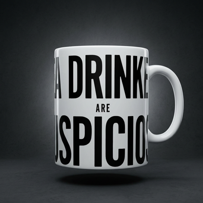 Funny tea mug printed with "TEA DRINKERS ARE SUSPICIOUS", shown on a dark studio background