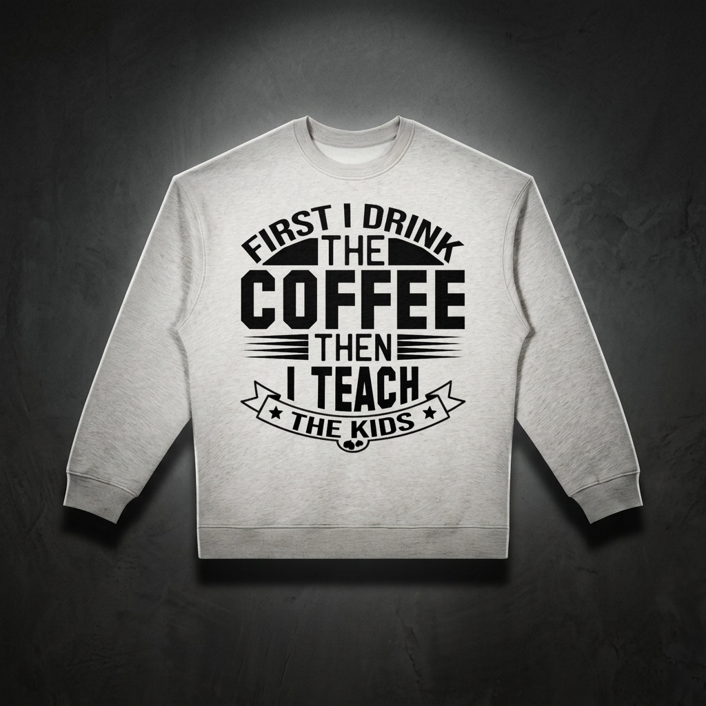 Heather white oversized crewneck sweatshirt with black First I drink the coffee then I teach the kids lettering with a star ribbon banner on the front shown against a dark studio backdrop