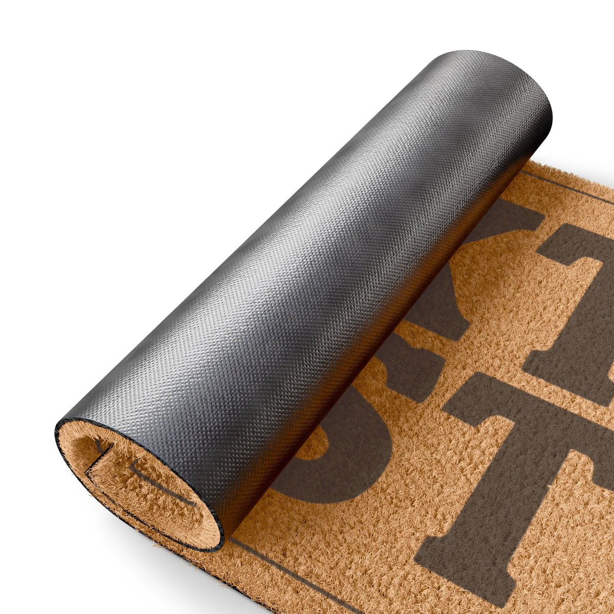 Rolled-up corner of the Text First coir doormat showing the black vinyl backing