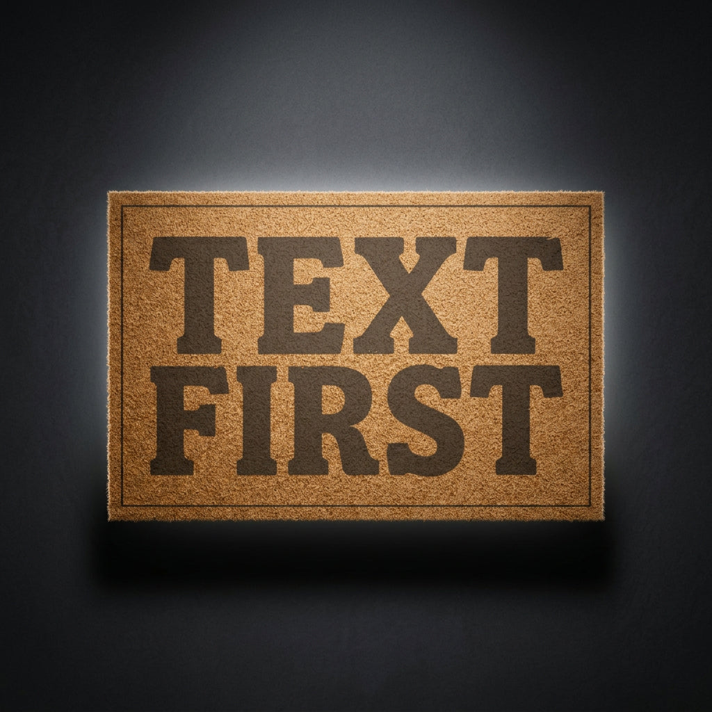 Text First coir doormat with dark lettering on natural tan coir, shown on a dark studio backdrop