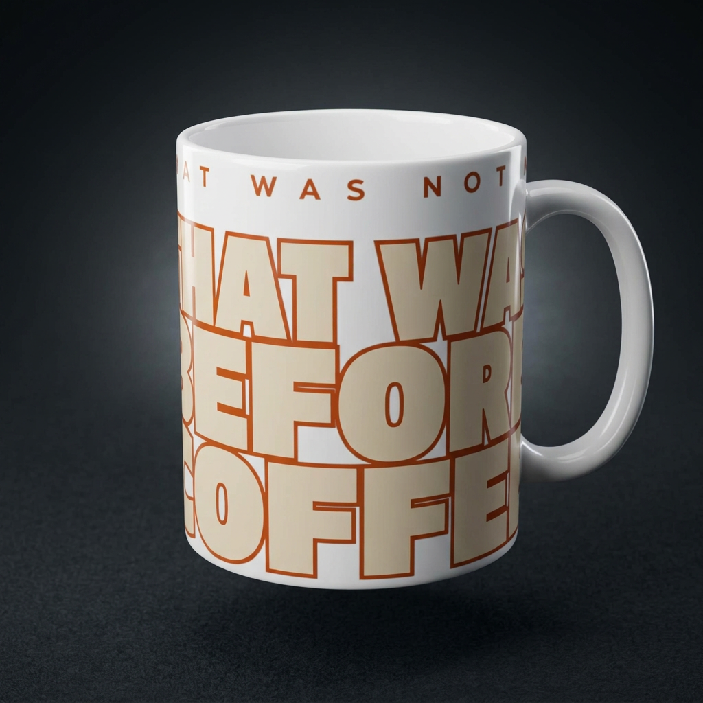 Funny coffee mug printed with "THAT WAS NOT ME / THAT WAS BEFORE COFFEE", shown on a dark studio background