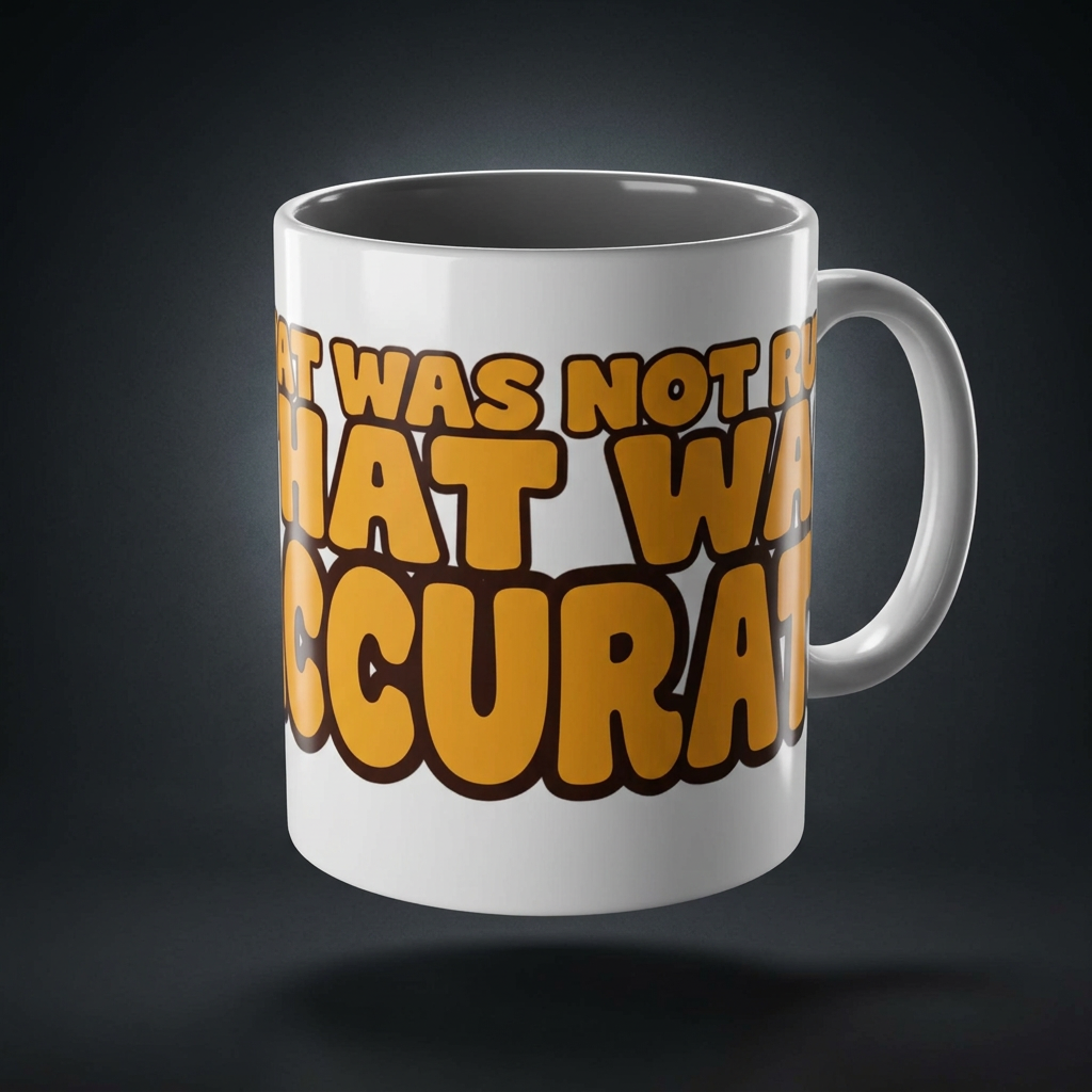 Funny coffee mug printed with "THAT WAS NOT RUDE THAT WAS ACCURATE", shown on a dark studio background