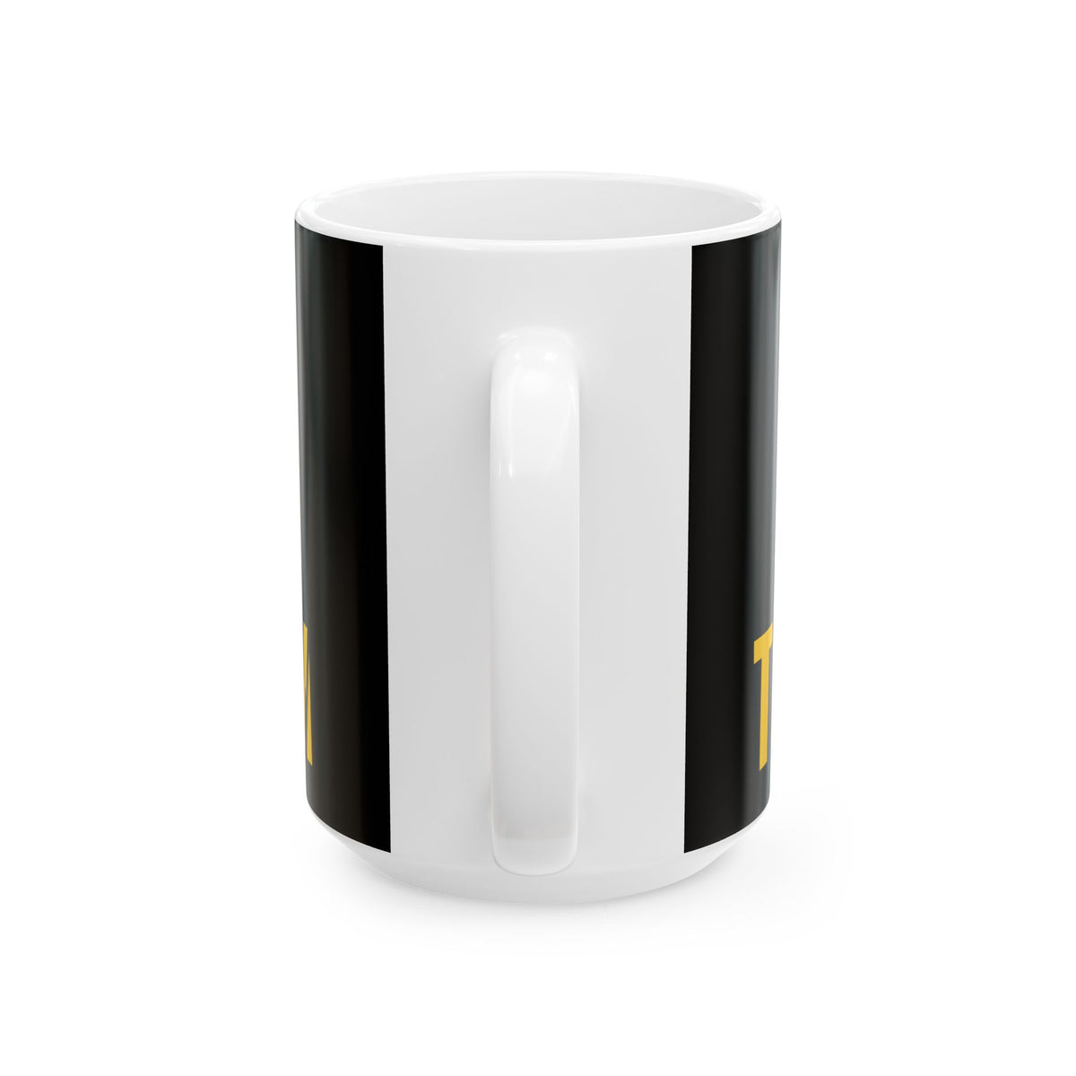 Funny coffee mug printed with "THE COFFEE IS FINE THE PEOPLE ARE THE PROBLEM", 15 oz size, back view showing the handle