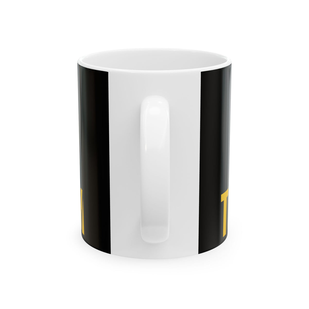 Funny coffee mug printed with "THE COFFEE IS FINE THE PEOPLE ARE THE PROBLEM", back view showing the handle