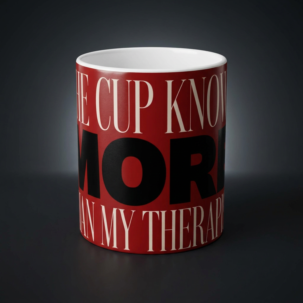 Funny coffee mug printed with "THE CUP KNOWS MORE THAN MY THERAPIST", shown on a dark studio background