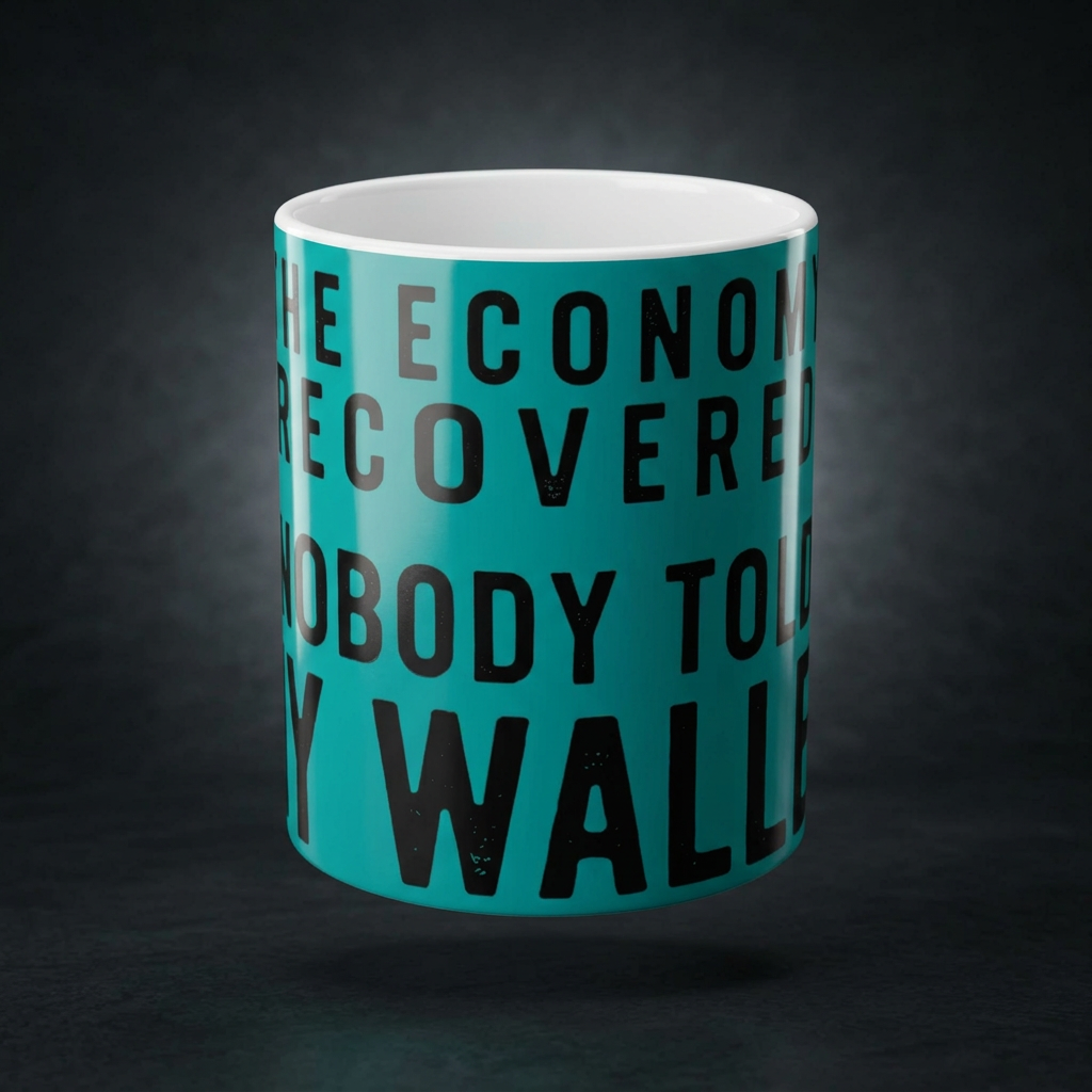 Funny coffee mug printed with "THE ECONOMY RECOVERED NOBODY TOLD MY WALLET", shown on a dark studio background