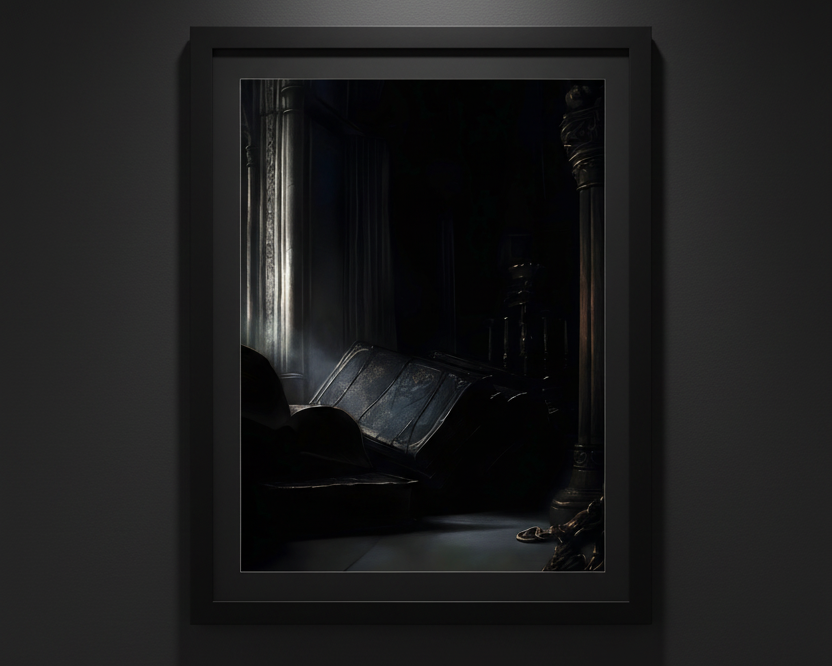 A dark, moody art print depicting an antique leather-bound book or manuscript resting on a floor in a shadowy room, with dramatic light filtering in from a window. The print is centered on a solid white background.