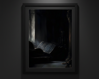 A dark, moody art print depicting an antique leather-bound book or manuscript resting on a floor in a shadowy room, with dramatic light filtering in from a window. The print is centered on a solid white background.