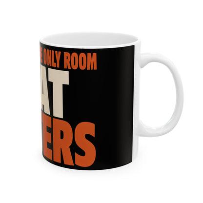 Funny coffee mug printed with "THE KITCHEN IS THE ONLY ROOM THAT MATTERS", right side view