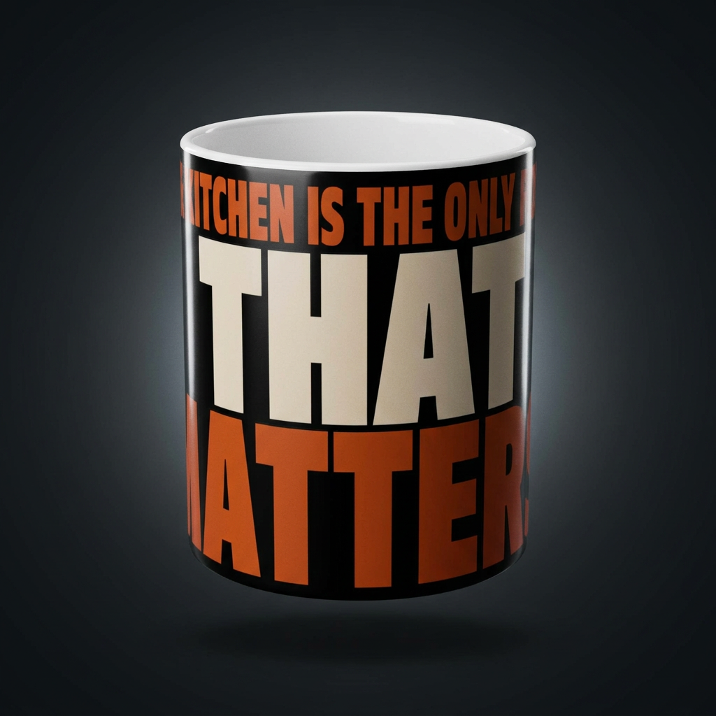Funny coffee mug printed with "THE KITCHEN IS THE ONLY ROOM THAT MATTERS", shown on a dark studio background