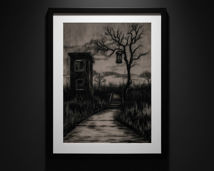 A dark, moody art print depicting a lonely path leading to a distant staircase, flanked by a bare tree with a hanging lantern and a small dark building on the left, rendered in sepia and black tones.