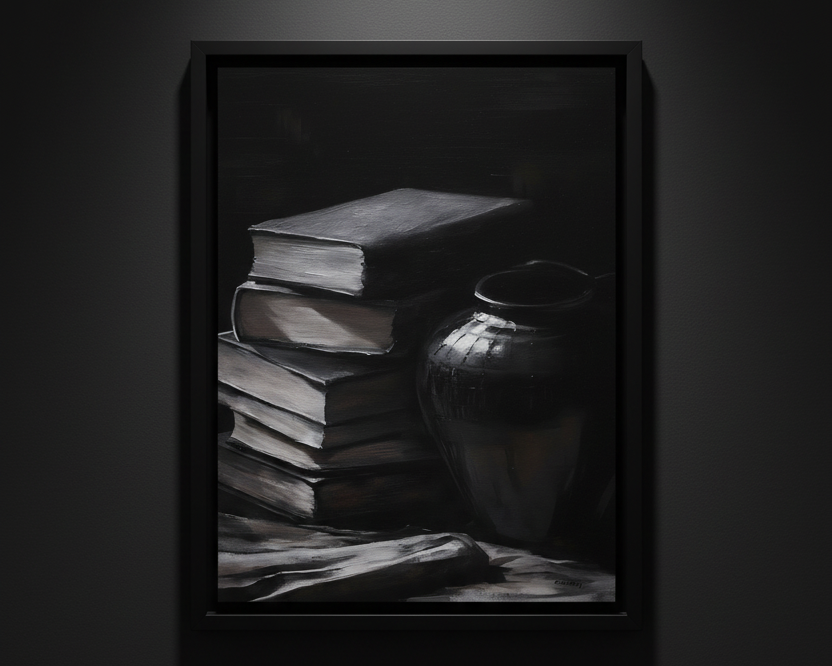 A dark still life painting depicting a stack of old books and a ceramic vase on draped fabric, presented as a vertical art print centered on a white background.
